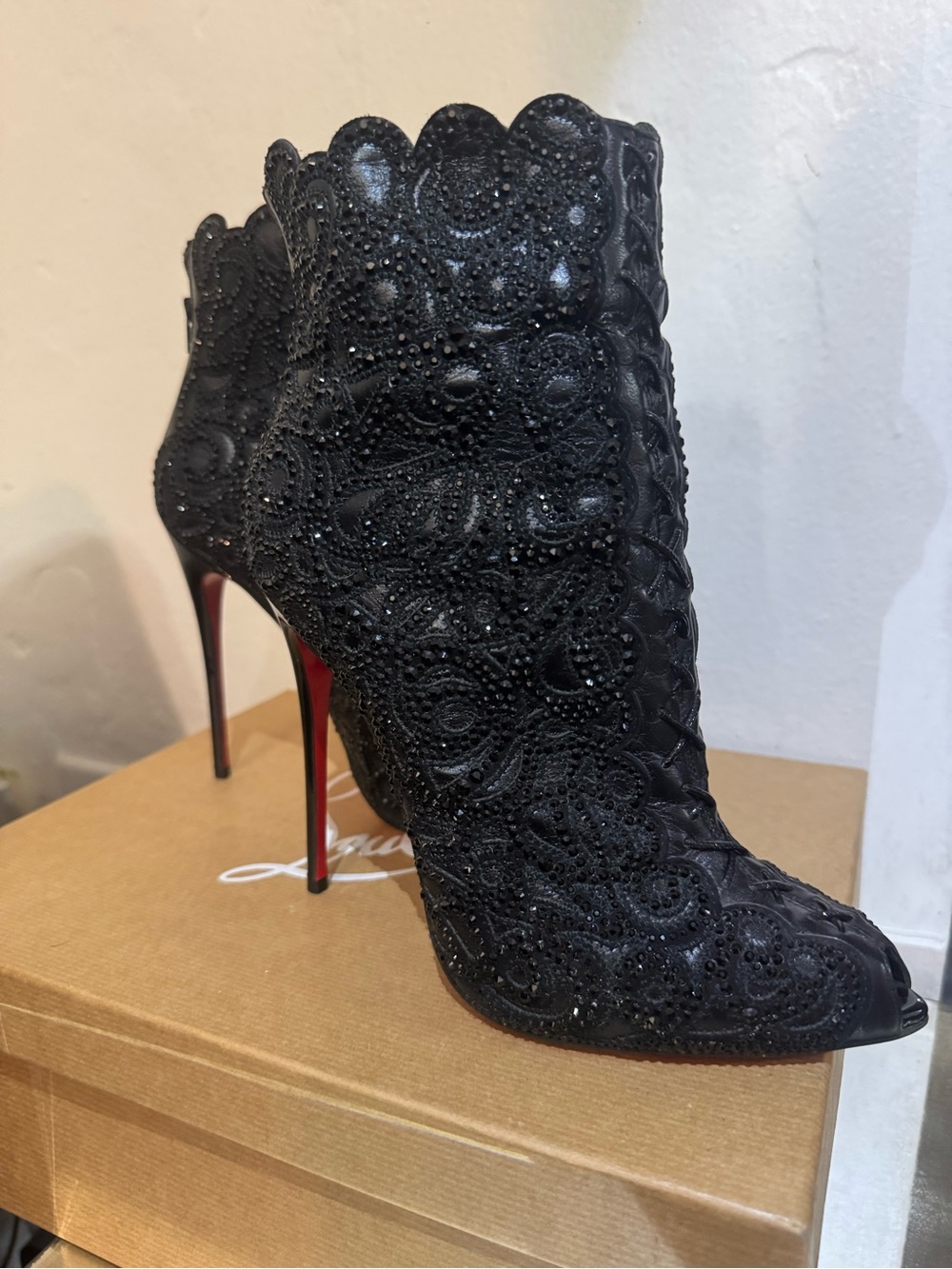 Christian Louboutin Black Embellished Scalloped Lace Ankle Boot